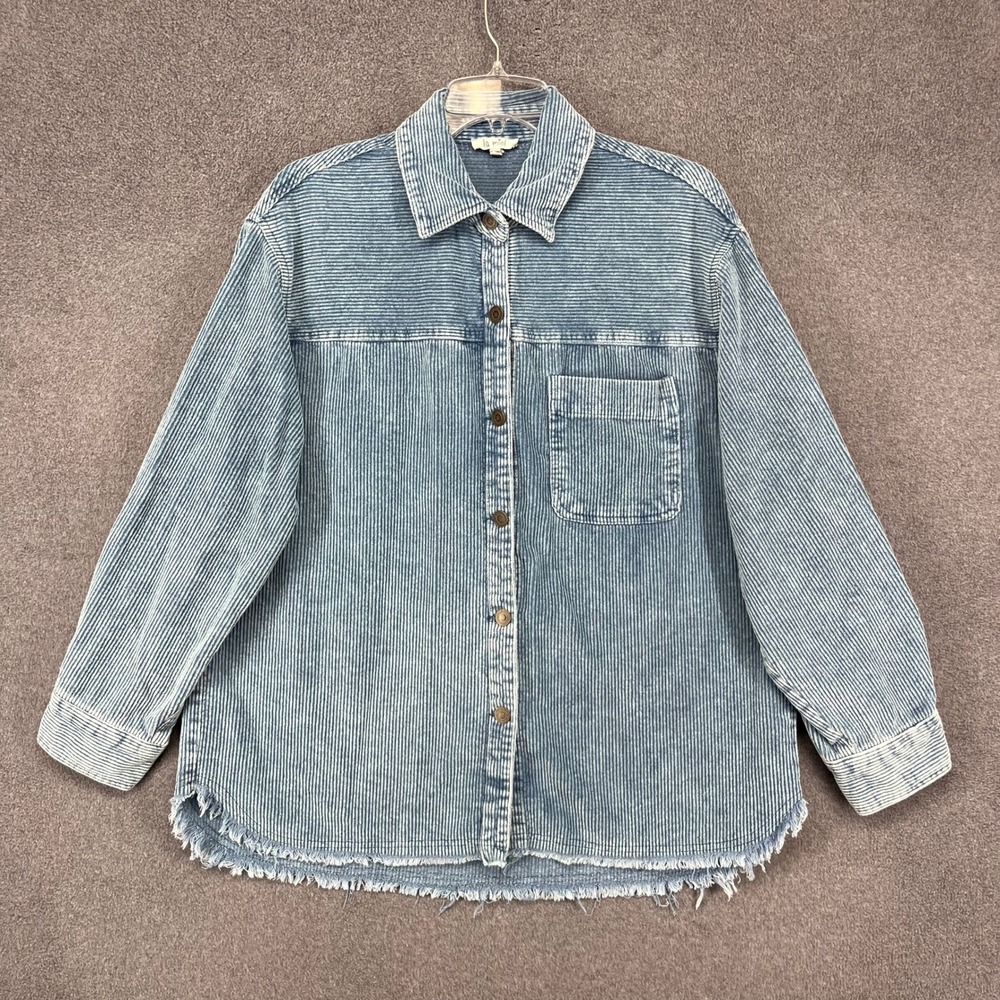 La Miel Corduroy Shacket Womens Medium Blue Acid Wash Frayed Hem Button Up Shirt